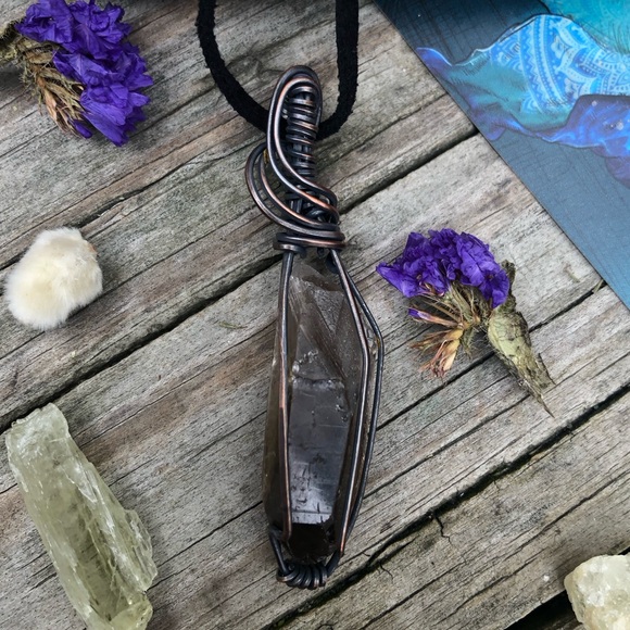 Oxidized Wire Wrapped Smoky Quartz Crystal Point Pendant Necklace - Picture 4 of 13